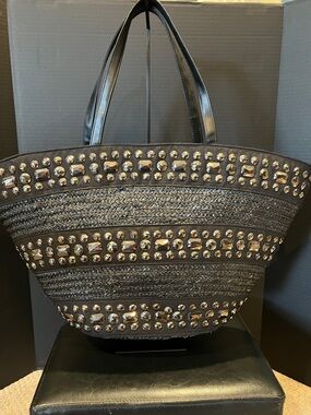 Big Buddha Black Studded Woven Tote